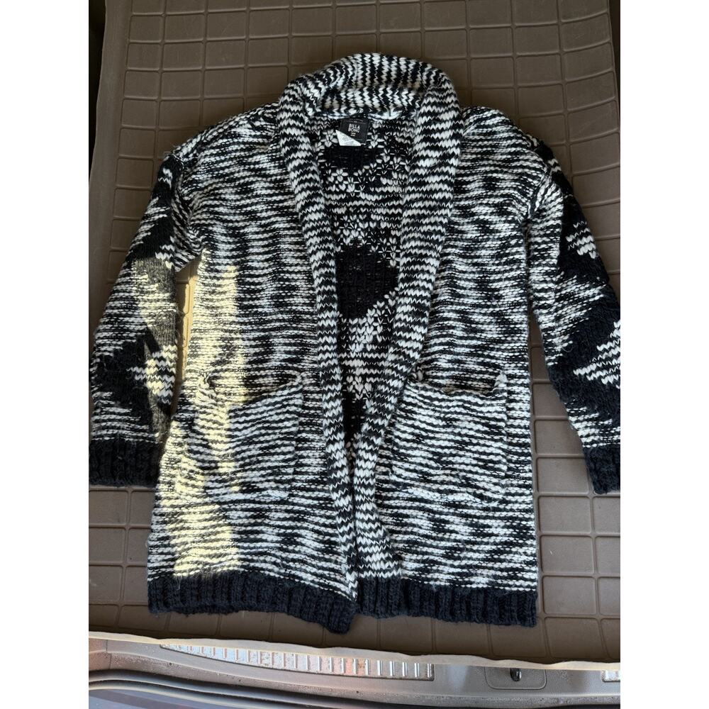 Billabong Women’s Medium Black White Knit Open Front Cardigan Sweater Boho